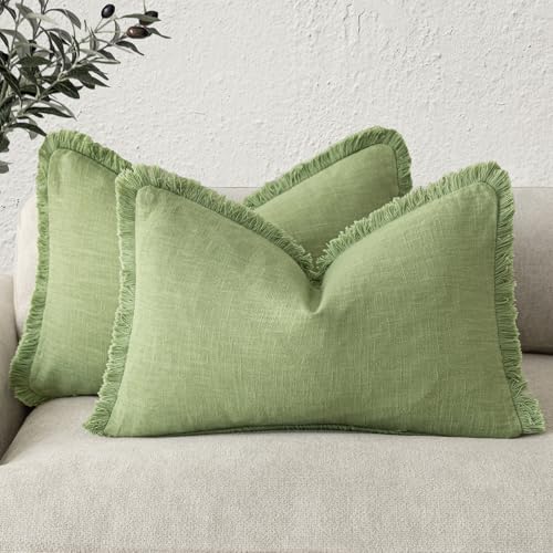 Boho Linen Fringe Lumbar Throw Pillow Covers 12×20 Lime Green (2 Count)