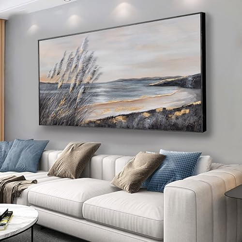 Coastal Wall Art Grey and Gold Wall Decor Trendy Artwork Framed Beach Canvas Painting for Living Room Bedroom Dining Room Office Home Decor 20x40 Inch