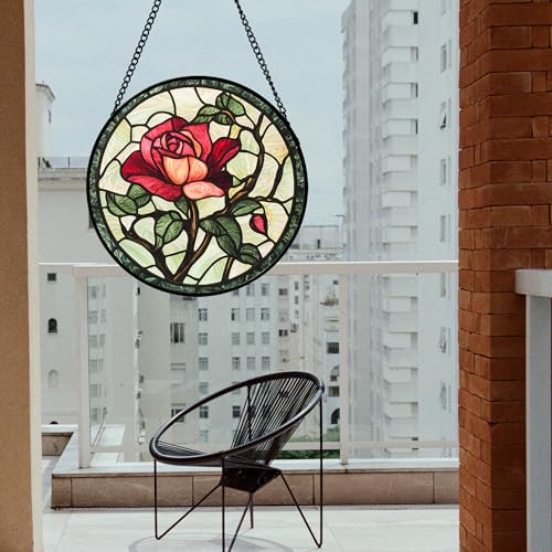 Stained Glass Window Hanging Red Rose Suncatcher Gifts for Women 9.8"