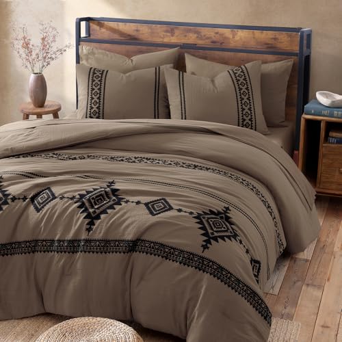 Embroidery Queen Comforter Set 7 Pieces Taupe Grey Bed in a Bag