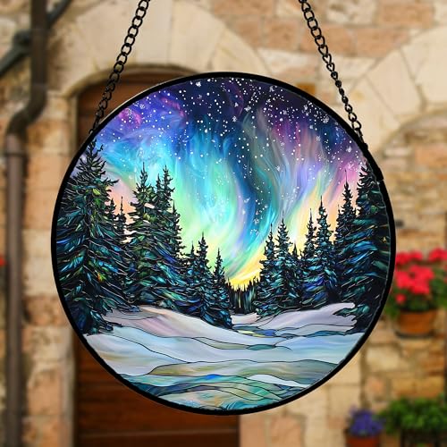 Aurora Landscape Stained Glass Window Hanging Suncatcher Xmas Gifts 7.8"