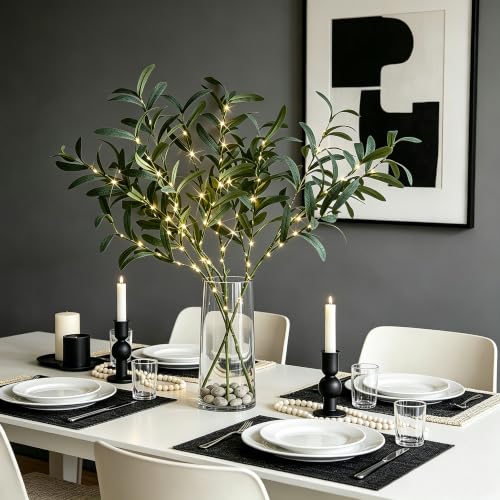 Lighted Olive Branches 24IN 72 LED with Timer Battery Operated Lit Artificial Greenery for Wedding Party Spring Home Decoration Indoor Outdoor