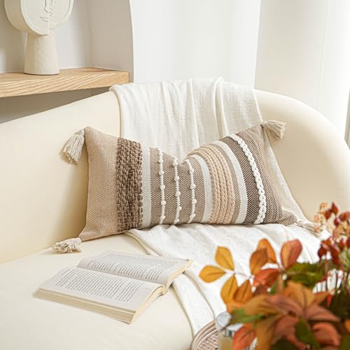Decorative Lumbar Throw Pillow Cover 14x24 Boho Brown Accent Cushion for Couch Sofa Farmhouse Pillowcase for Bedroom Living Room Home Décor Cover ONLY