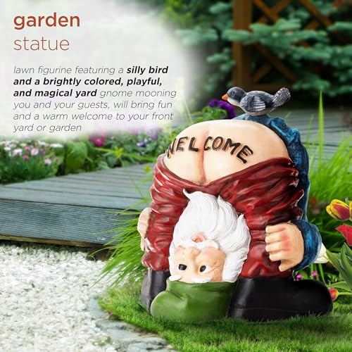 22" Tall Outdoor Mooning "Welcome" Gnome Statue with Bird Figurine