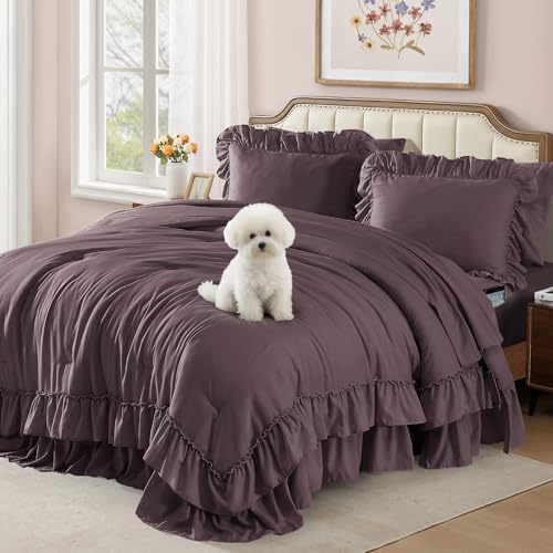 King Size Comforter Set Dark Purple Ruffle 7 Pieces Farmhouse Bed in a Bag