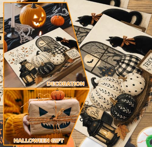 Halloween Placemats Set of 4 Black Cat Pumpkin Linen Mats Farmhouse 18x12 (4 Count)