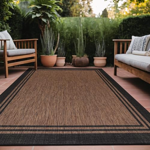 Bordered Outdoor Rug 9x12 Washable Outside Carpet for Indoor Patio Porch Waterproof Easy Cleaning Non Shedding Area Rugs Nut Brown 9 x 12