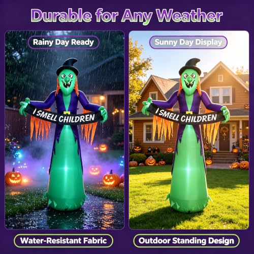 8FT Halloween Inflatable Witch Decorations for Outdoor Yard with LED Lights (Greenish Purple)