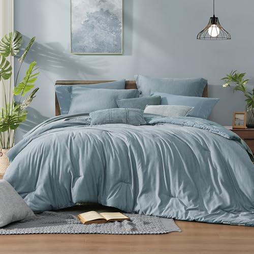 Full Comforter Set 7 Pieces Dusty Blue Cationic Dyeing Bed in a Bag