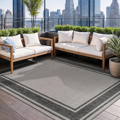 Large Outdoor Rug 9x12 Modern Bordered Area Rugs for Indoor and Outdoor Patio Deck Porch Garden Waterproof Weather Sun Resistant Washable Outside Carpet (108 Sq Ft)