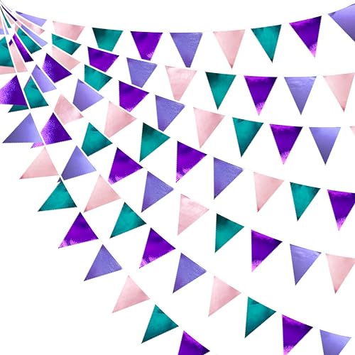 Mermaid Party Decorations Purple Pink and Teal Aqua Metallic Fabric Triangle Pennant Banner Flag Bunting Garland for Mermaid Under the Sea Birthday Wedding Baby Shower Engagement Party Supplies (32 Foot)