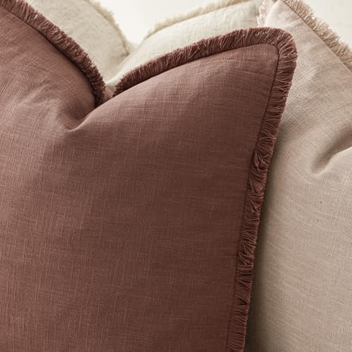 Decorative Linen Fringe Throw Pillow Covers 22×22 Inch (2 Count)