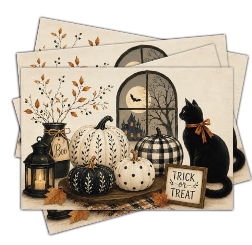 Halloween Placemats Set of 4 Black Cat Pumpkin Linen Mats Farmhouse 18x12 (4 Count)