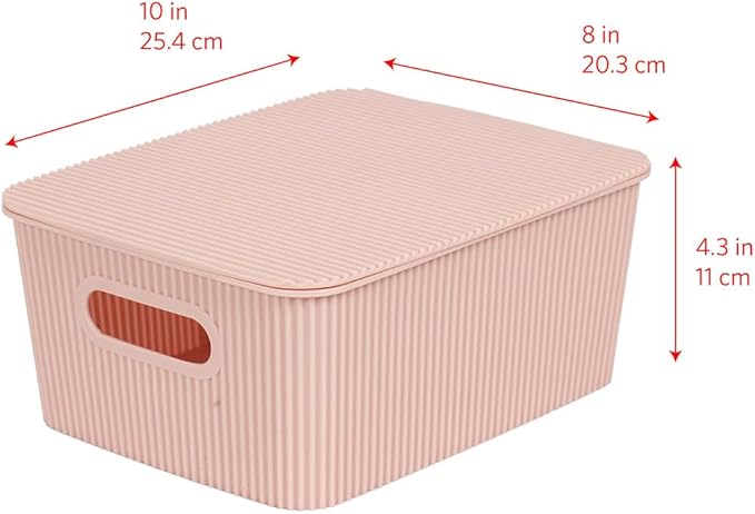 Glad Storage Baskets with Lids - Set of 6 Stackable Plastic Boxes with Handles - Decorative Shelf Organizer Bins for Bathroom and Closet, Pink, 1 Gallon