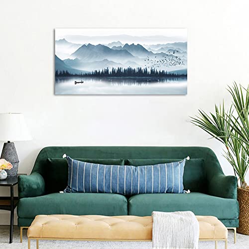 Indigo Canvas Wall Art Misty Mountain Wall Pictures Foggy Lake Boat Painting Prints Forest Birds Artwork Wall Decor for Living Room Wall Decorations Framed Ready to Hang 24" x 48"
