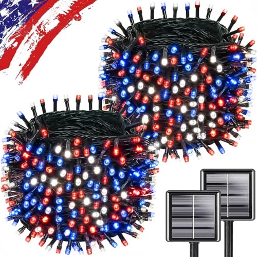 2pack 500LED Solar String Lights Outdoor Waterproof Red White Blue (180 Foot)