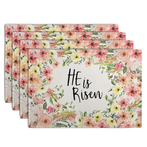 He is Risen Placemats Set of 4 Spring Easter Christian Cross Religious Flowers Kitchen Table Mats Seasonal Easter Holiday Linen Fabric Place Mat for Party Kitchen Dining Decoration