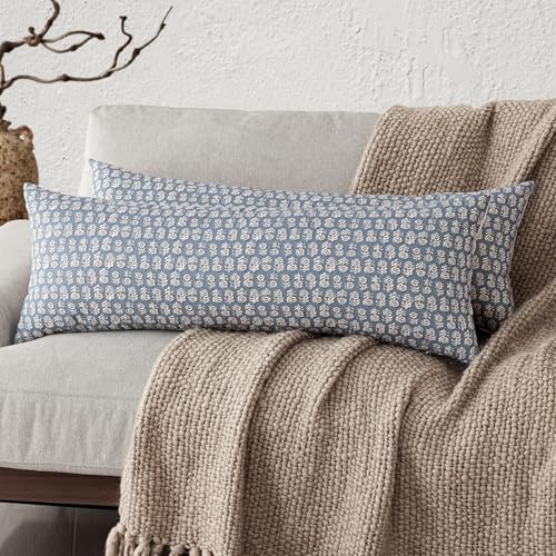 Long Floral Print Lumbar Throw Pillow Covers 14×36 Dusty Blue (2 Count)
