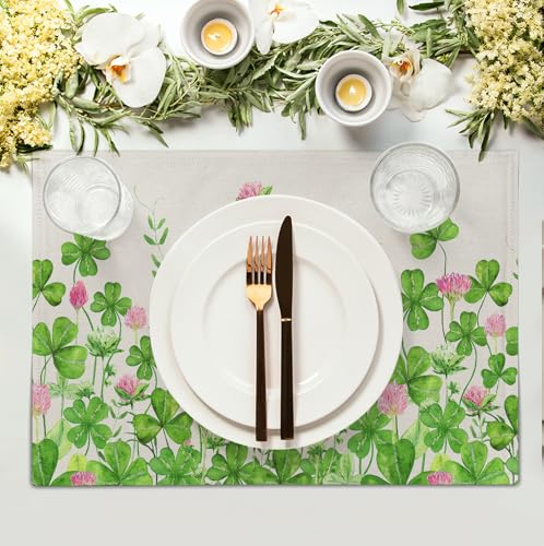 Shamrocks St. Patrick's Day Placemats Set of 4 Watercolor Lucky Clovers St Patrick's Day Table Mats Seasonal Spring Green Leaves Linen Place Mats for Party Kitchen Dining Outdoor Indoor Decor