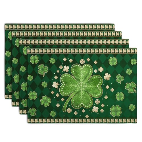 Green Shamrock St Patricks Day Placemats Set of 4 Lucky Clover Plaid Check Table Mat 12x18 Inch St. Patrick's Day Seasonal Holiday Place Mats Spring Linen Placemat for Party Kitchen Dining Decor