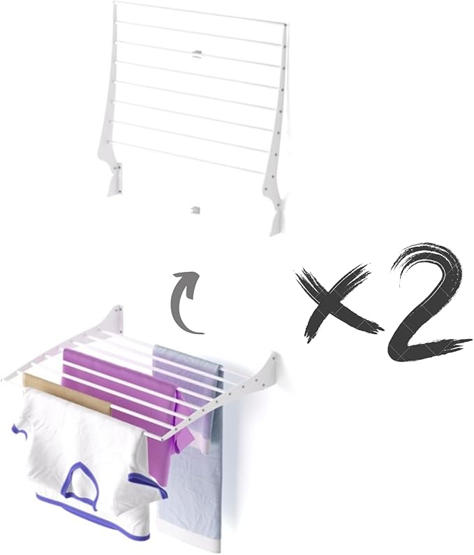 foxydry Fold, Wall Drying Rack, Vertical Drying Rack for Indoor and Outdoor Aluminium and Steel (White - Closing Up, 2X Fold 60)