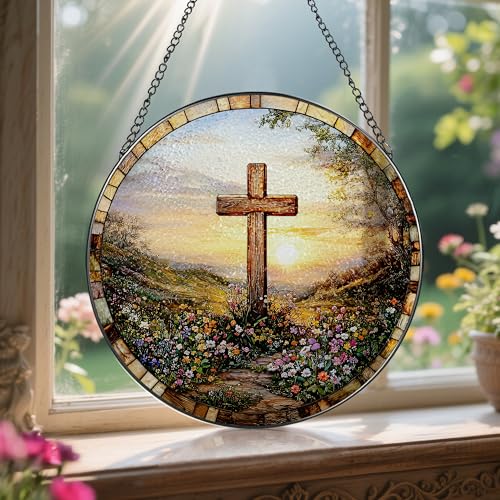 8 Inches Cross Sunset Stained Glass Suncatcher