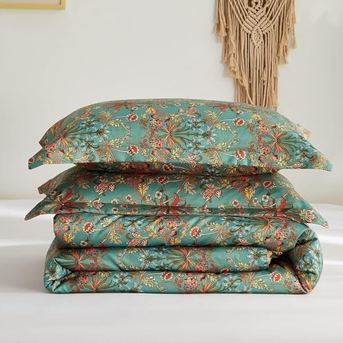 Queen Comforter Set Vintage Floral Boho Comforter for Queen Bed Aesthetic Floral Bedding Comforter with 2 Pillowcases Flower Leaves Boho Bedding Sets Farmhouse Botanical Flower Comforter Set