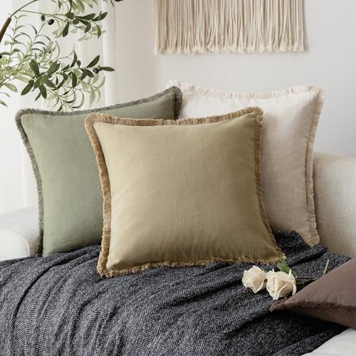Decorative Linen Fringe Throw Pillow Covers 26×26 Light Khaki (2 Count)