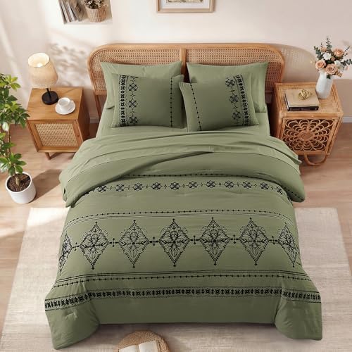 Queen Comforter Set Embroidery Floral 7 Pieces Bed in a Bag