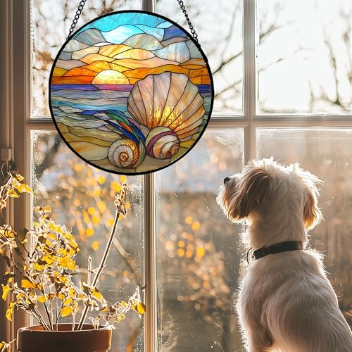 Ocean Stained Glass Window Hanging Suncatcher Beach Gifts for Women 15"