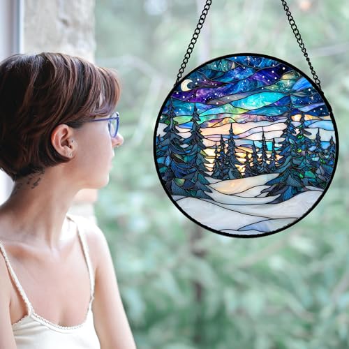 Aurora Winter Forest Stained Glass Window Hanging Suncatcher Gifts 15"