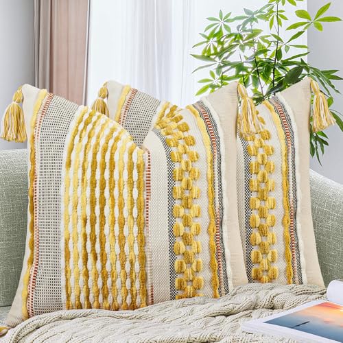 Set of 2 Chenille Striped Textured Boho Throw Pillow Covers Aesthetic with Tassels Woven Decorative Pillow Case for Couch Bed Sofa Bedroom Modern Funky 18 x 18 (2 Count)