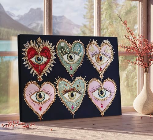 Psychedelic Eyes Canvas Wall Art Gothic Maximalist Witchy Art Wall Decor Picture Dark Academia Aesthetic Poster Eclectic Love Heart Jewel Gem Painting Print Artwork for Bedroom Living Room Decorate