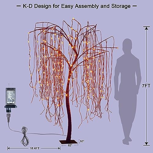 7 FT Halloween Lighted Willow Tree 256 LED Orange Lights Artificial Weeping Willow Tree with 6 Spiders Outdoor Indoor Decoration Christmas Festival Decor (Orange)