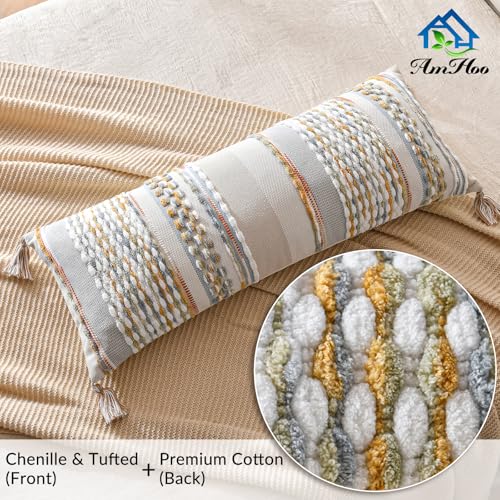 Chenille Striped Textured Boho Throw Pillow Covers Aesthetic with Tassels Woven Decorative Pillow Case for Couch Bed Sofa Bedroom Modern Funky 14 x 36