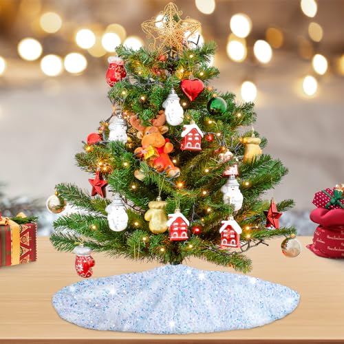Iridescent White Christmas Tree Skirt Mini 21 Inch Sequins Tree Skirt Sparkle Velvet Xmas Tree Mat Glitter Tree Skirts for Artificial Trees Mermaid Tree Collar Skirt for Christmas Party