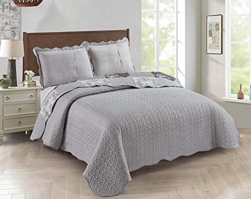 Multi Grey Toile & Floral Patchwork Quilt Set