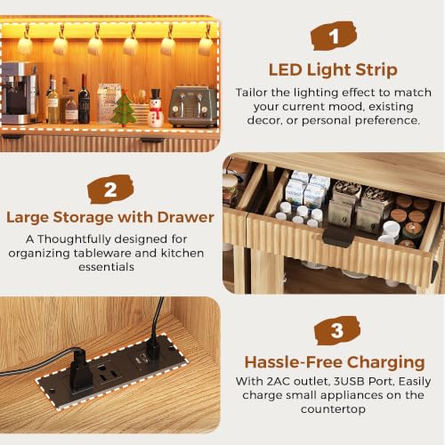 Fluted Kitchen Pantry Storage Cabinet with Charging Station & LED Lights