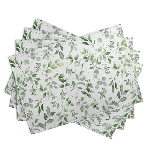 Sage Green Eucalyptus Leaves Placemats Set of 4 Spring Summer Watercolor Leaf Table Mats 12x18 Inch Seasonal Holiday Rustic Farmhouse Linen Fabric Place Mat for Kitchen Dining Decor (4 Count)