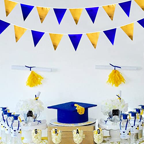 Royal Blue Gold Party Decoration Navy Blue Gold Triangle Pennant Banner Flag Metallic Fabric Bunting Garland for Graduation Birthday Wedding Retirement Bridal Shower Nautical Ahoy Achor Party Supplies (36 Count)