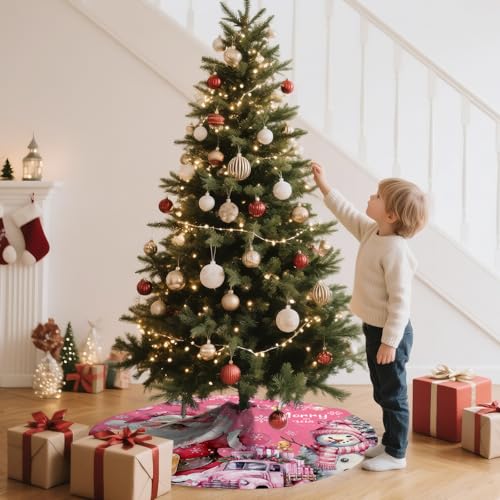 Pink Christmas Tree Skirt Santa Snowflaks Truck Christmas Decorations Xmas House Decor Winter Holiday Party Xmas Tree Skirt 36 inches