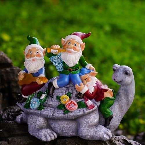 Solar Garden Outdoor Statues Gnome Turtle Three Gnomes Having Party on Turtle with 7 LED Lawn Decor Outside Decorations for Patio