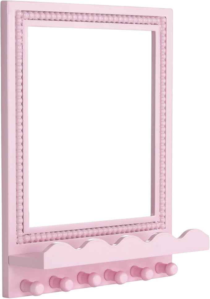 Tirzah 16x12 Inch Wall Mount Beaded Wood Framed Mirror with Shelf and 6 Hooks, Pink Decorative Entryway Mirror with Storage for Laundry Room, Bathroom, Bedroom