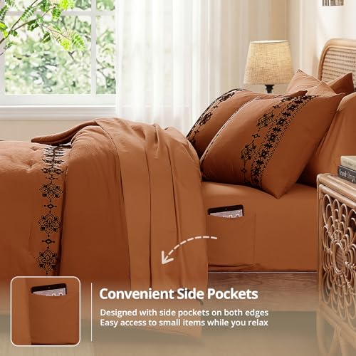Queen Comforter Set Embroidery Floral 7 Pieces Bed in a Bag