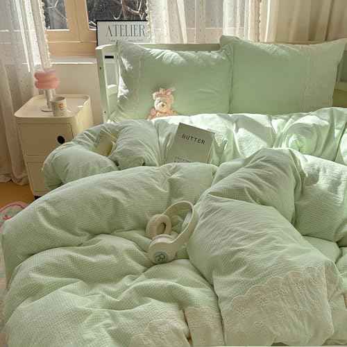 Green Gingham Comforter Set Full Size Princess Lace Style Vintage Plaid Checkered Comforter Chic Gingham Farmhouse Bedding Set Lightweight Fluffy Soft Green Plaid Grid Comforter Set Full