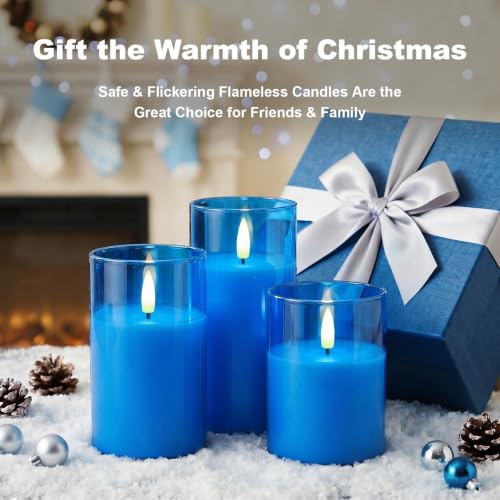 Blue Glass Flameless LED Candles Battery Operated with Remote Timer (3 Count)