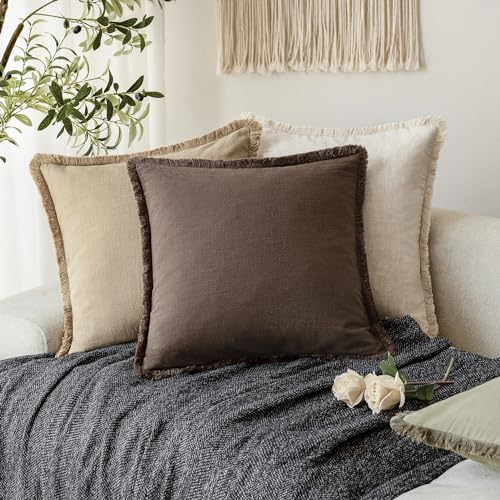 Boho Linen Fringe Lumbar Throw Pillow Covers 12×20 Reddish Brown (2 Count)