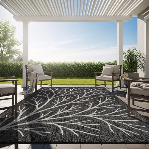 Washable Indoor Outdoor Rug 9x12 Modern Area Rugs Branch Pattern Non Shedding Waterproof Easy Clean Patio Deck Porch Living Room Bedroom Garden RV (108 Sq Ft)