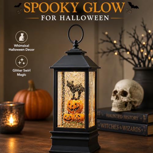 10'' Halloween Snow Globe Lantern Lighted Musical Water Lantern Spooky Pumpkin and Witch' s Black Cat Combo with Swirling Glitter