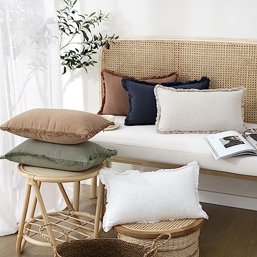 Decorative Linen Fringe Lumbar Throw Pillow Covers 12×24 White (2 Count)